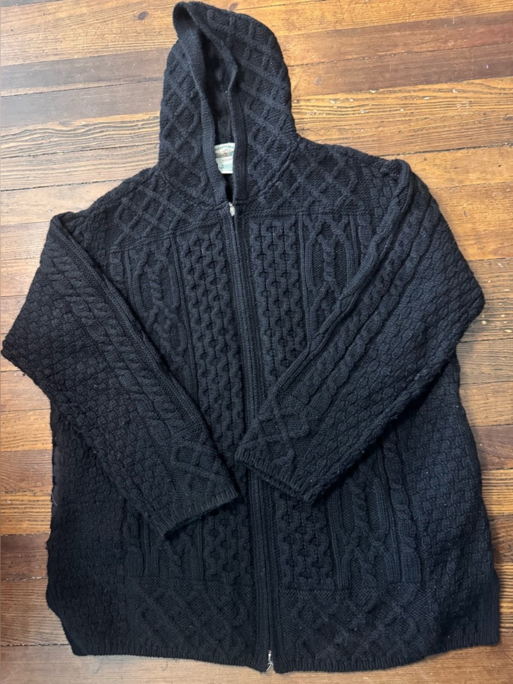 Aran Crafts Hoodie Women’s 2XL black Merino Wool Fisherman Cable Knit Full Zip